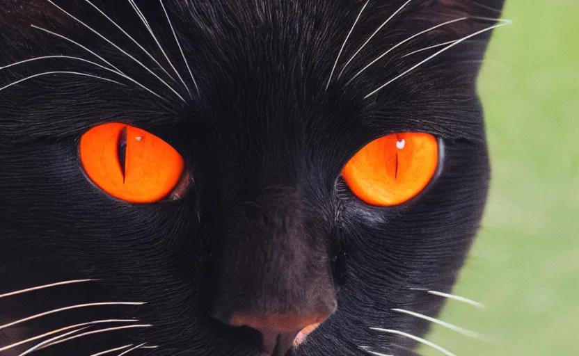 Prompt: A portrait of a black cat with orange and red eyes