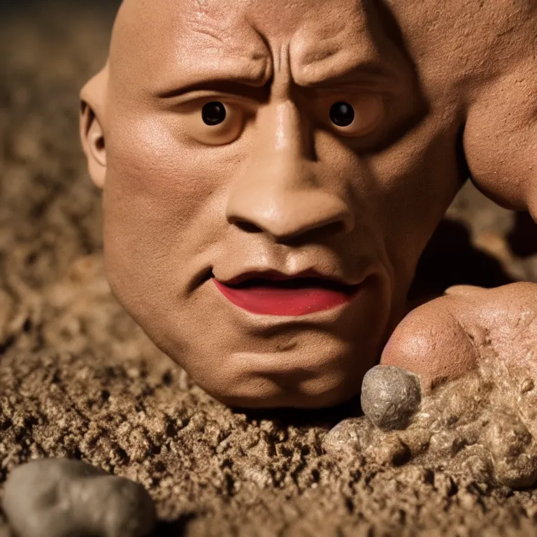 Image similar to a cinematic film still of a claymation stop motion film starring dwayne the rock johnson, shallow depth of field, 8 0 mm, f 1. 8