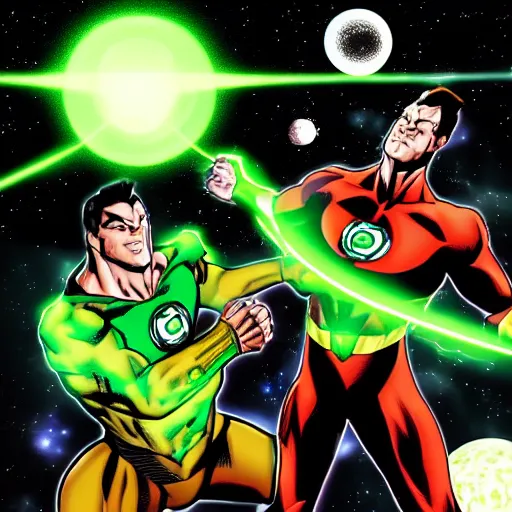 Image similar to Green Lantern fighting in space with Black Adam, comic style, planets on the background, dramatic, dark lighting, HQ