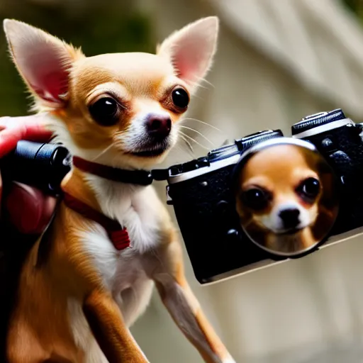 Prompt: chihuahua holding a camera