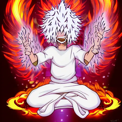 Image similar to fluffy exploding popcorn elemental spirit, in the style of a manga character, with a smiling face and flames for hair, sitting on a lotus flower, white background, clean composition, symmetrical