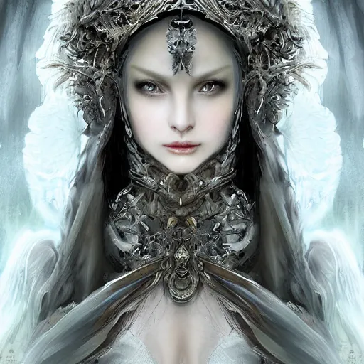 Image similar to A masterpiece ultrarealistic ultradetailed portrait of a Incredibly beautiful angel druid armored princess knight-ghost with Skull Iron mask. baroque renaissance girl in the night forest. medium shot, intricate, elegant, highly detailed. trending on artstation, digital art, by Stanley Artgerm Lau, WLOP, Rossdraws, James Jean, Andrei Riabovitchev, Marc Simonetti, Yoshitaka Amano. background by James Jean and Gustav Klimt, light by Julie Bell, 4k, porcelain skin.