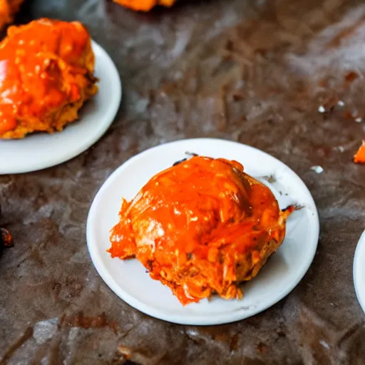 Image similar to freezerburnt buffalo chicken patties that my spouse just pulled out of the freezer