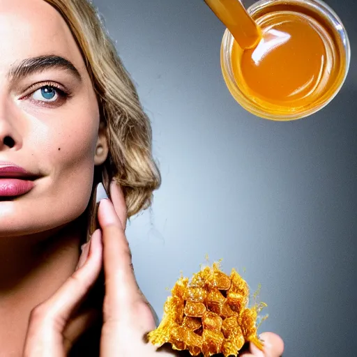 Image similar to honey goddess Margot Robbie made of honey, hyper realistic award winning food photography