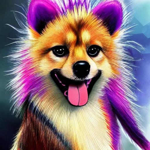 Prompt: hybrid animal cross between pomeranian dog and cheetah with long colorful mohawk hairstyle, detailed painting 4 k