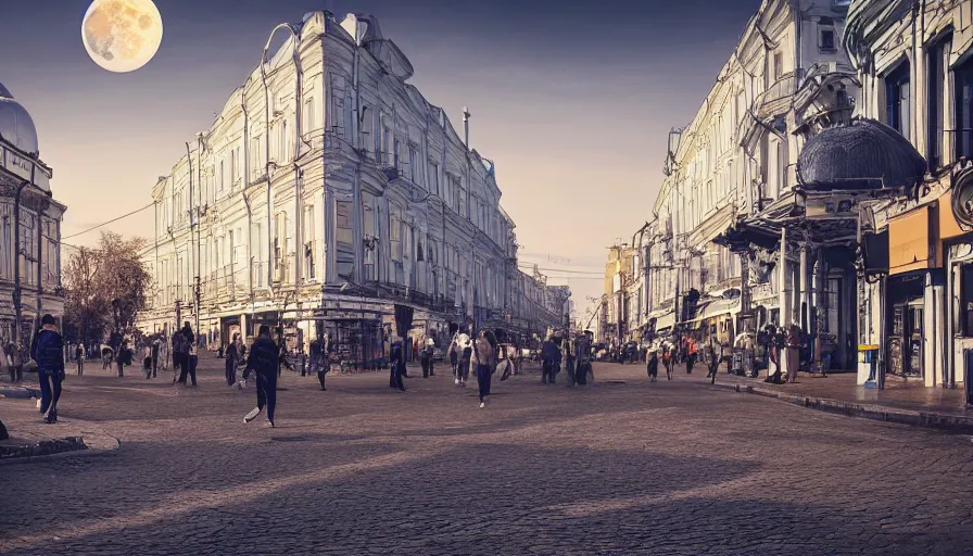 Image similar to moonwalker photo, lunar busy street, city street on the moon, st. petersburg, a detailed photo of a future norilsk street base, sci fi, street moon landscape, 8 k