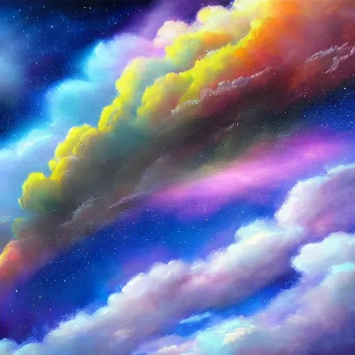 Image similar to A detailed and realistic painting of a huge colourful cloud in space, with lots of other clouds around, with incredibly huge lightning with 8k resolution, in the artistic style of fantasy art