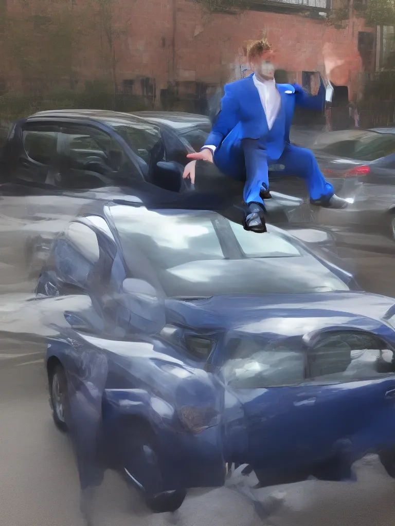 Image similar to !dream Sir Kier Starmer wearing a blue suit jumping on top of a toyota yaris