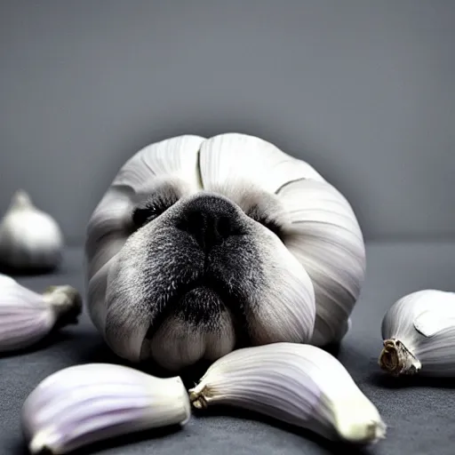 Prompt: garlic with puppy face shaped like a dog