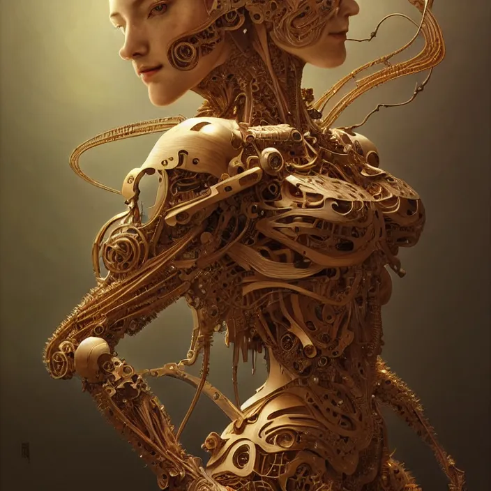 Prompt: organic cyborg, japanese wood carving, diffuse lighting, fantasy, intricate, elegant, highly detailed, lifelike, photorealistic, digital painting, artstation, illustration, concept art, smooth, sharp focus, art by John Collier and Albert Aublet and Krenz Cushart and Artem Demura and Alphonse Mucha