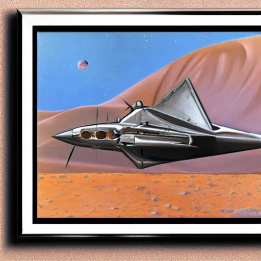 Prompt: Chrome silver F4 Phantom, desert, reflective, shiny, pulp art, 1987 art