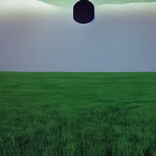 Prompt: the monolith from 2 0 0 1 a space odyssey hovering over a green field