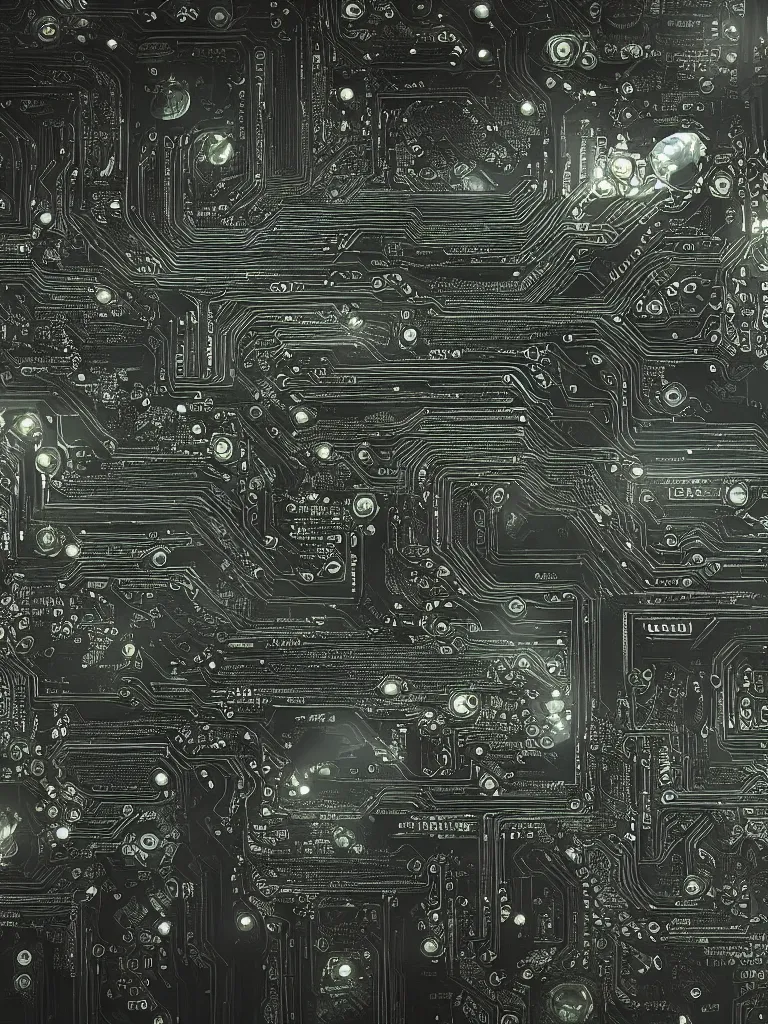 Image similar to big technology, intricate circuit board, cpu, bios chip, led, lcd display, integrated circuits, cmos, capacitors, intricate concept art matte painting, cyberspace, nature grotesque dark