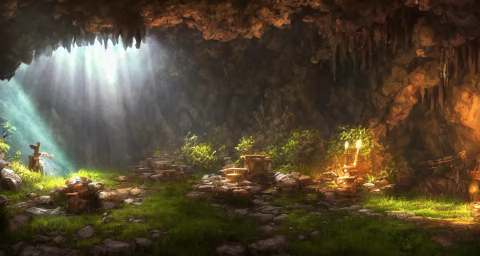 Image similar to An epic fantasy anime style landscape painting of a thieves den hidden inside a cavern, unreal 5, DAZ, hyperrealistic, octane render, dynamic lighting