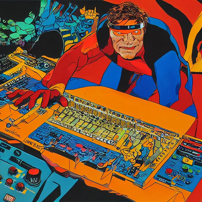 Image similar to cyclops (from x-men) playing an MPC 2000XL, colourful painting by Toni Toscani,