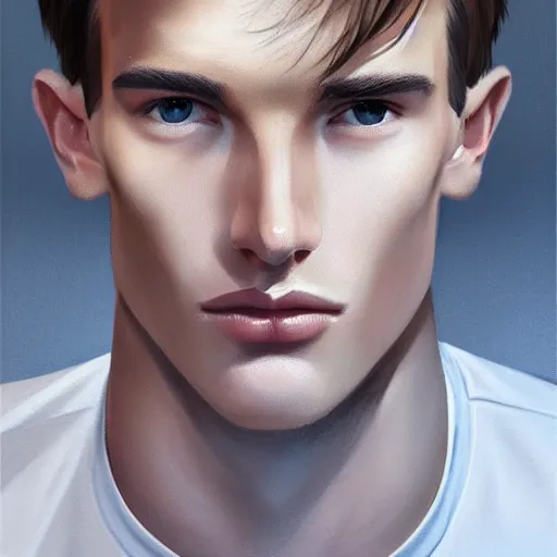 Image similar to tall man in his twenties with brown blond short quiff hair and thin slightly round facial structure with cleft chin, straight eyebrows and prominent nose, good definition of cheekbones, big hazel nut brown eyes, narrow face, slim body, atmospheric lighting, painted, intricate, 4 k, highly detailed by charlie bowater