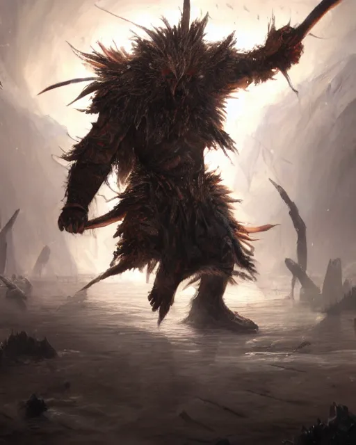 Image similar to oil painting of Angry Anthropomorphized Swan Berserker, wearing fur armor, claws, sharp focus, attack pose, fantasy style, octane render, volumetric lighting, 8k high definition, by greg rutkowski, highly detailed, trending on art Station, magic the gathering artwork, burning Battlefield background, centered