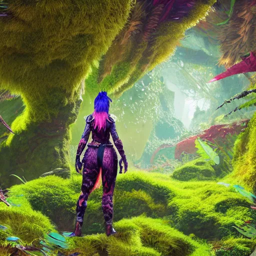 Prompt: explorer woman walking in animal fur armour, walking in a dense alien jungle with colourful red, blue and purple plants, large vines, mossy organic rock structures, in the style of monster hunter world, like concept art on artstation, hyperdetailed, vray render, octane render,