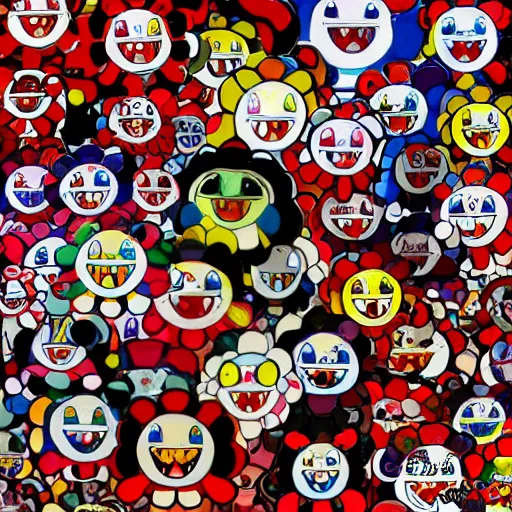 Image similar to red cartoon demons in a takashi murakami art style