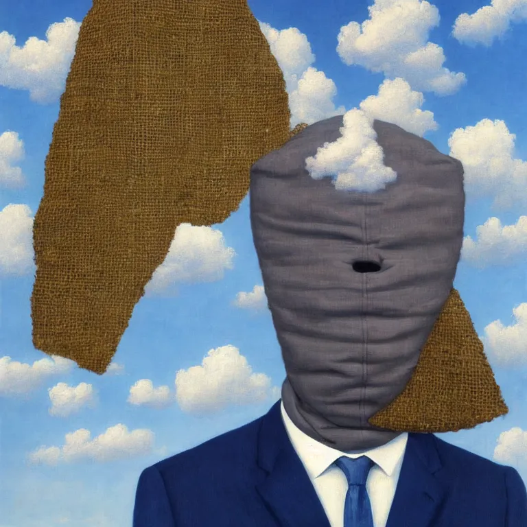 Image similar to portrait of a faceless burlap sack - head man in a suit, clouds in the background, by rene magritte, detailed painting, distance, centered, hd, hq, high resolution, high detail, 4 k, 8 k