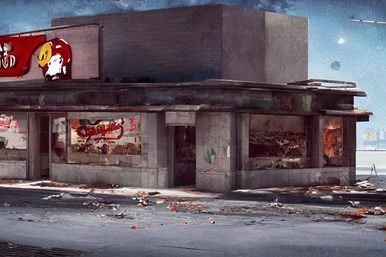 Image similar to the abandoned fast food restaurant of the dead, demons, hell, artstation