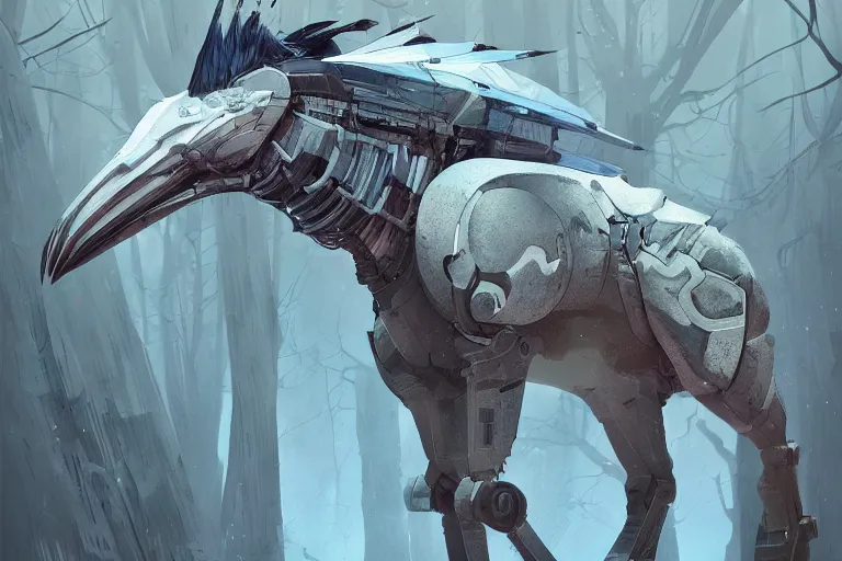 Image similar to cyborg horse merged with shoebill, digital art made by makoto shinkai, lois van baarle, greg rutkowski and jakub rebelka, highly detailed, symmetrical, extremely coherent, smooth, shaped focus, dystopian gray forest background, skull