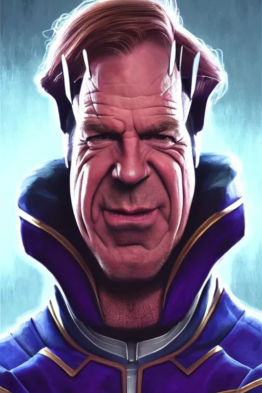 Image similar to Saul Goodman as Thanos, claws are up, X-man costume, Saul Goodman hairstyle, calm, grumpy, portrait, masculine figure, highly detailed, digital painting, artstation, concept art, smooth, sharp focus, illustration, cinematic lighting, art by artgerm and greg rutkowski and alphonse mucha