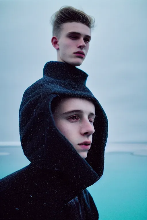 Prompt: high quality pastel coloured film mid angle docu photograph of a beautiful young 2 0 year old male, soft features, short black hair, wearing coat, falling into in an icelandic black rock pool environment. atmospheric. three point light. photographic. art directed. ( pastel colours ). volumetric light. clearcoat. waves glitch. 8 k. filmic.