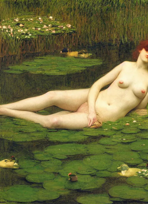 Prompt: lady laying on the river bed amongst the duck weed, underwater shot, submerged, medium shot, on the bed of the river, portrait by john william waterhouse, rosetti, monet, william holman hunt, 8 k