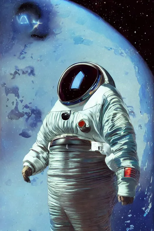 Prompt: portrait of an obese udo kier wearing leather spacesuit, nebula space background and spaceship, illustration by normal rockwell and jacob collins, artstation character art, john berkey, greg rutkowski