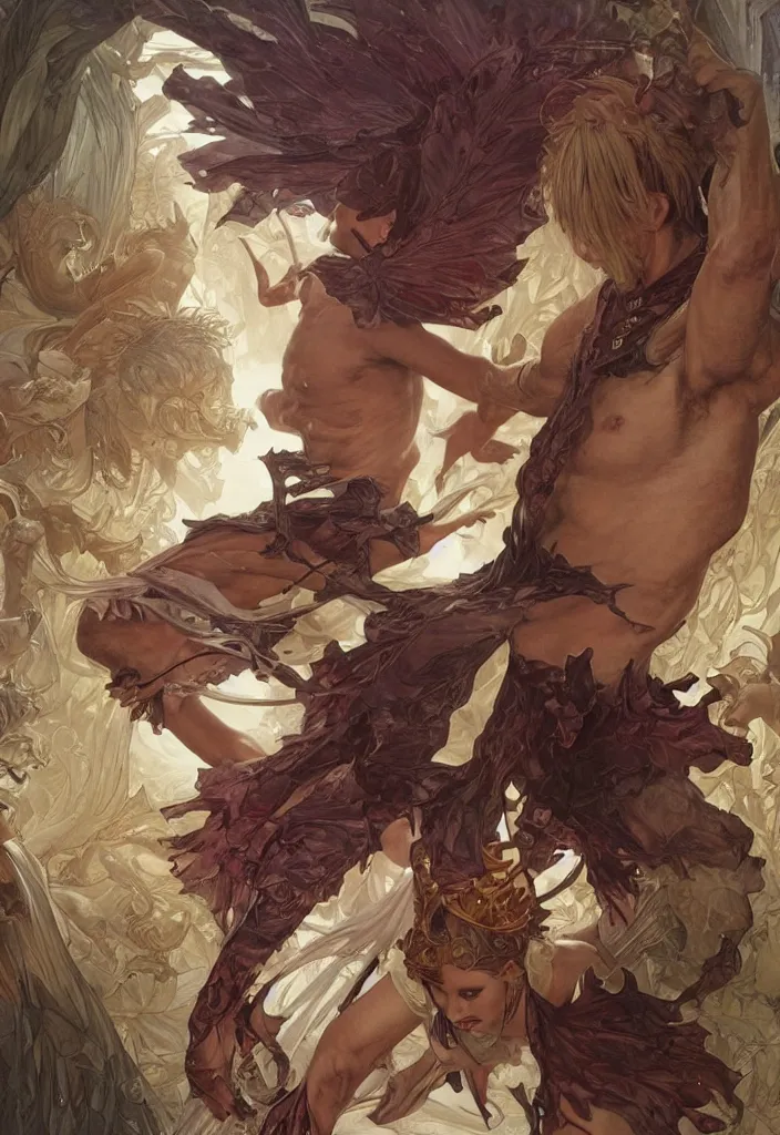 Image similar to Demon King dances with the angel queen, highly detailed, digital painting, artstation, concept art, smooth, sharp focus, illustration, ArtStation, art by artgerm and greg rutkowski and alphonse mucha and J. C. Leyendecker and Edmund Blair Leighton and Katsuhiro Otomo and Geof Darrow and Phil hale and Ashley wood and Ilya repin and Charlie Bowater and Tom Bagshaw