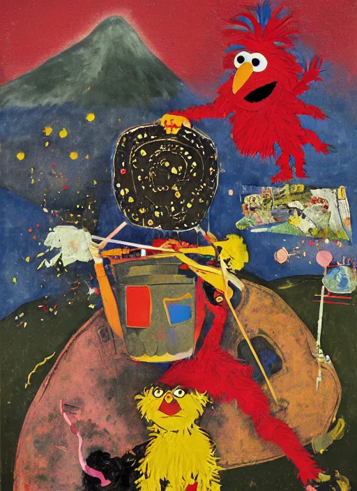 Image similar to expressionistic decollage painting, trash can tarot card fool with sesame street elmo and kermit muppet knight on a horse in a dark red cloudy night sky with golden foil jewish stars, mountain lake and blossoming field in background painted by adrian ghenie, francis bacon, daniel richter and hilma af klint, ultra naive, children painting, 8k, extreme detail, masterpiece