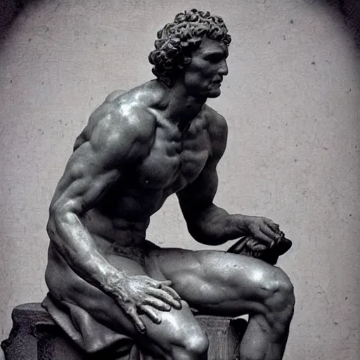 Image similar to “1800s era photograph of Michelangelo sculpting marble statue of Matthew McConaughey as David, hyperrealistic, hd, faded, cracked, stained”