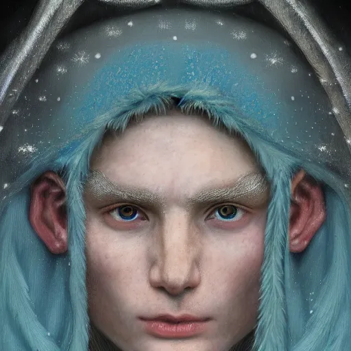 Image similar to a close - up portrait of an androgynous handsome male snow elf in a turquoise cape and silver armour, albino skin, winter vibes, elegant, very coherent symmetrical artwork, by tomasz alen kopera and alphonse mucha and charlie bowater, photorealistic, sharp focus, octane render, rtx, hdr, unreal 5, trending on artstation