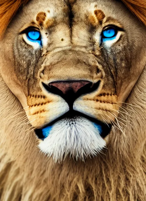 Image similar to a close up of a lion's face with blue eyes, an album cover by jacob toorenvliet, featured on behance, cubo - futurism, rendered in cinema 4 d, sketchfab, rendered in maya