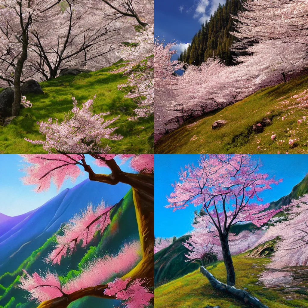 Prompt: steep mountain scenery, cherry blossom, photorealism