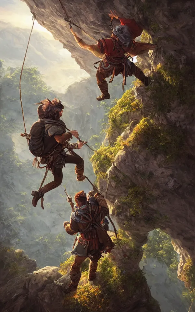 Image similar to an oil art painting of young handsome fool adventurer with adventurer hiking backpack, grim gwent card, gipsy mage adventurer character design from inquisition, climbing up a cliffside, 4 k, ultra detail, volumetric lighting, unreal engine, octane render, by tom bagshaw, artgerm