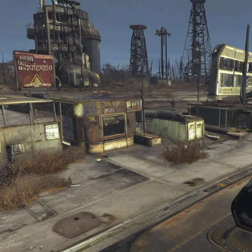 Prompt: Cape Canaveral post-nuclear war in Fallout 4, in game screenshot