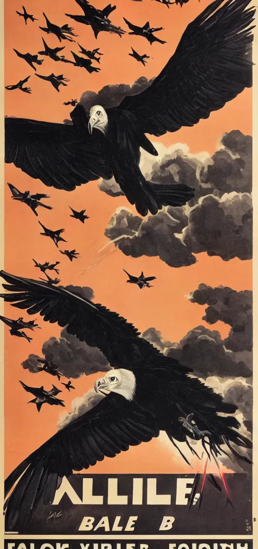 Image similar to balck Vulture with one lightning bolts in 1940s propaganda poster