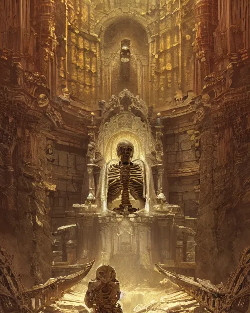 Image similar to ancient skeleton sits on a throne in an old temple with godrays, gorgeous, amazing, intricate, highly detailed, digital painting, artstation, concept art, sharp focus, illustration, art by greg rutkowski and alphonse mucha