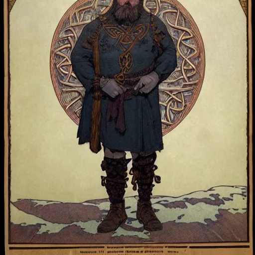 Prompt: portrait of man with knotwork runic facial tattoos, bald, middle-aged Slavic Viking priest wearing thick fur collar and vestments, and standing tall in the blizzard, with fading blue woad tattoos on forehead, head, and cheeks, portrait by Anato Finnstark, Alphonse Mucha, and Greg Rutkowski