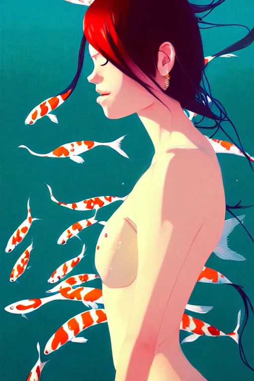 Image similar to a ultradetailed beautiful portrait panting of a stylish woman surrounded by floating koi fish, by conrad roset, greg rutkowski and makoto shinkai, trending on artstation