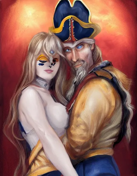 Prompt: couple in love. fully clothed armed female pirate captain, rachel wall, with a male pirate partner, sun, summer, blue eyes, beauty, wisdom, love, strength, knowledge, smart, portrait, symmetrical, highly detailed, digital painting, artstation, smooth, sharp focus, illustration, strength, art by felice house. 8 k