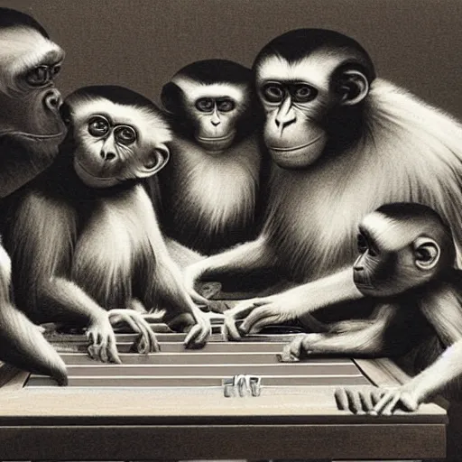 Image similar to A beautiful print of a group of monkeys playing backgammon. The monkeys are seated around a table, with some of them appearing to be deep in concentration while others appear to be playing more casually. by Simon Bisley, by Gabriel Dawe desaturated