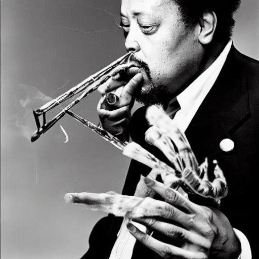 Prompt: charles mingus smoking a spider, professional photograph, 4 k