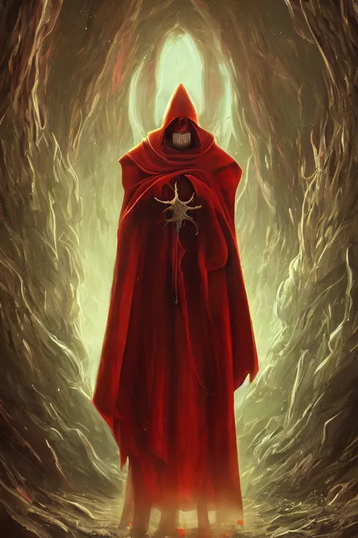 Image similar to A full body portrait of a mysterious character with no face with a very long hooded red cloak, a golden crown floating above his head tentacles coming out the ground art by James Paick, and Shaddy Safadi, ominous, cosmic horror, trending on artstation, Ultra detailed, hyper realistic 4k