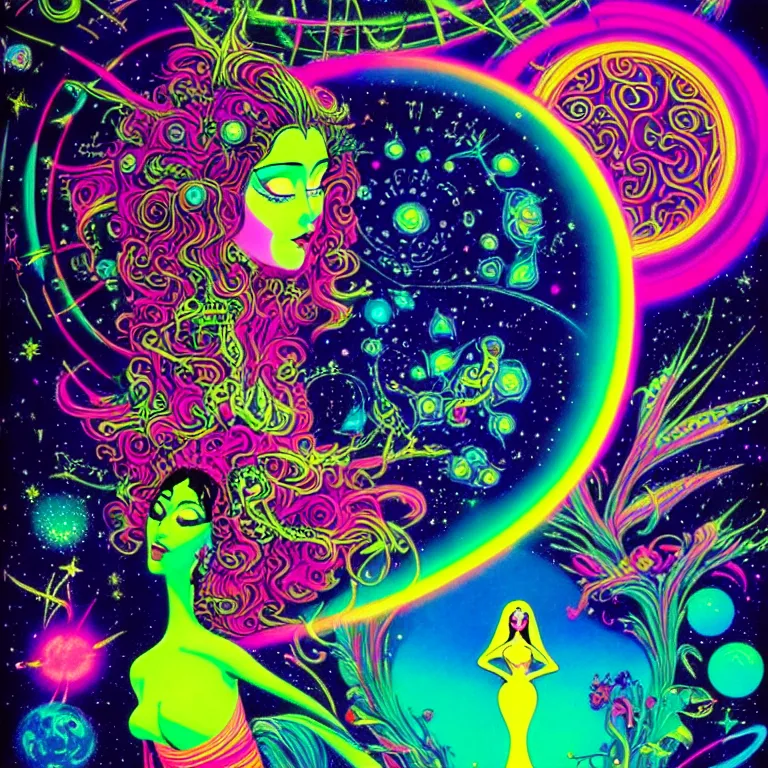 Image similar to cosmic maiden with psychedelic ringed planet, bright neon colors, highly detailed, cinematic, eyvind earle, tim white, philippe druillet, roger dean, lisa frank, aubrey beardsley