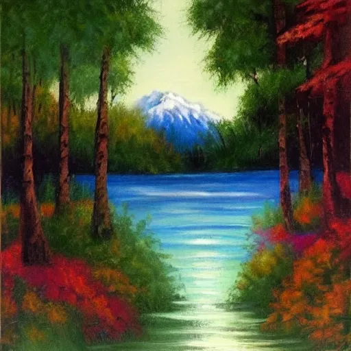 Image similar to artwork by bob ross