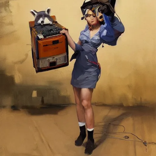 Image similar to greg manchess painting of a trash panda character, holding a box of cables and standing next to old electronic equiptment, medium shot, asymmetrical, profile picture, organic painting, sunny day, matte painting, bold shapes, hard edges, street art, trending on artstation, by huang guangjian and gil elvgren and sachin teng