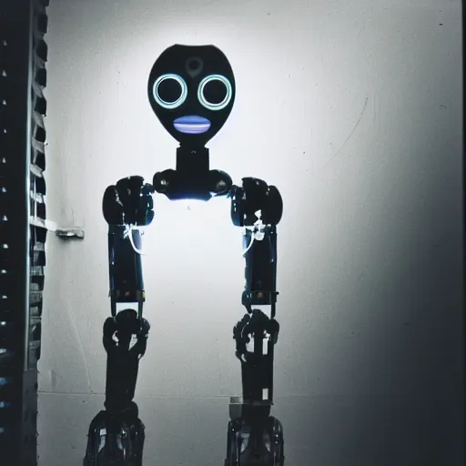 Image similar to close up portrait of a humanoid robot with a light bulb head and light is coming out of it, polaroid, photo taken in a back storage room